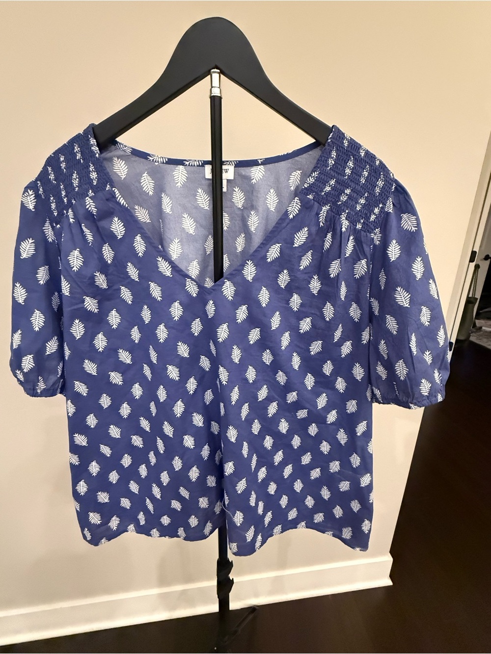 J. Crew Factory Navy Blue Leaf-Print V-Neck Blouse
